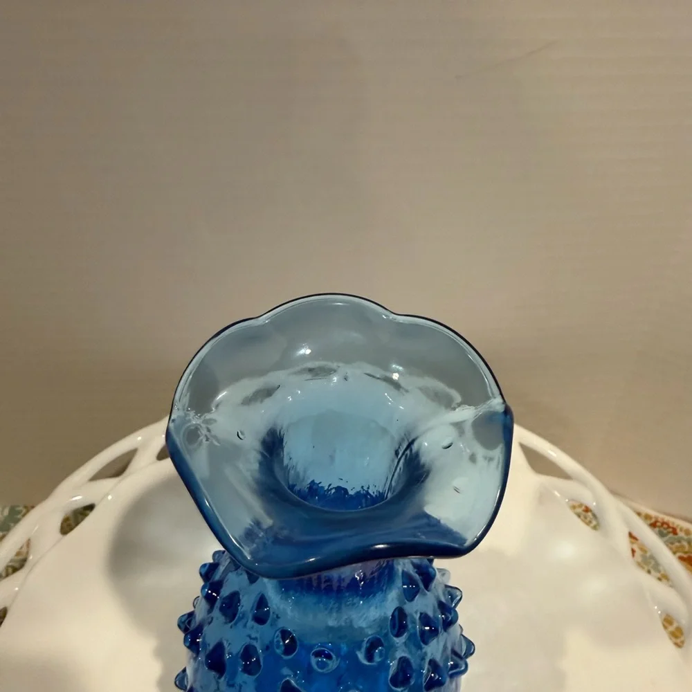 Blue Hobnail Glass Vase Italian Empoli vintage MCM 7”